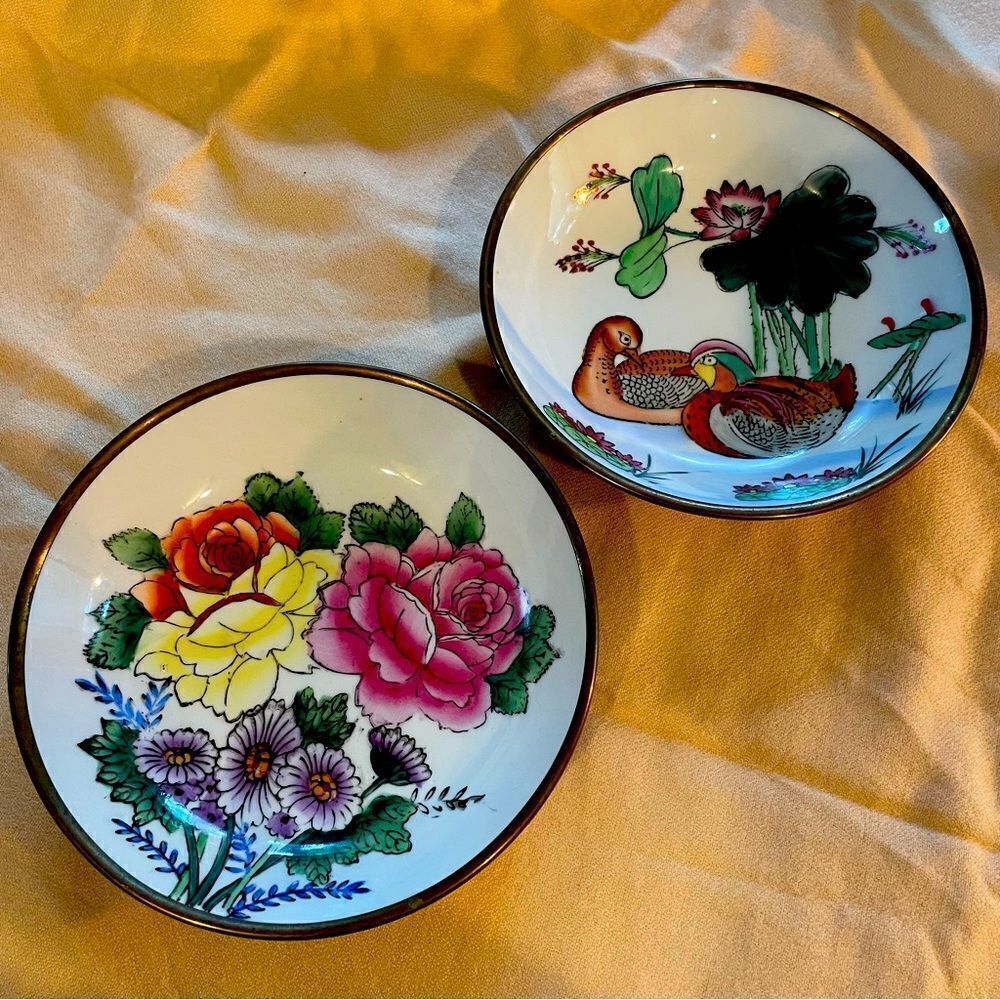 Mid century Porcelain Floral and Duck Brass Bowl set for hanging or display